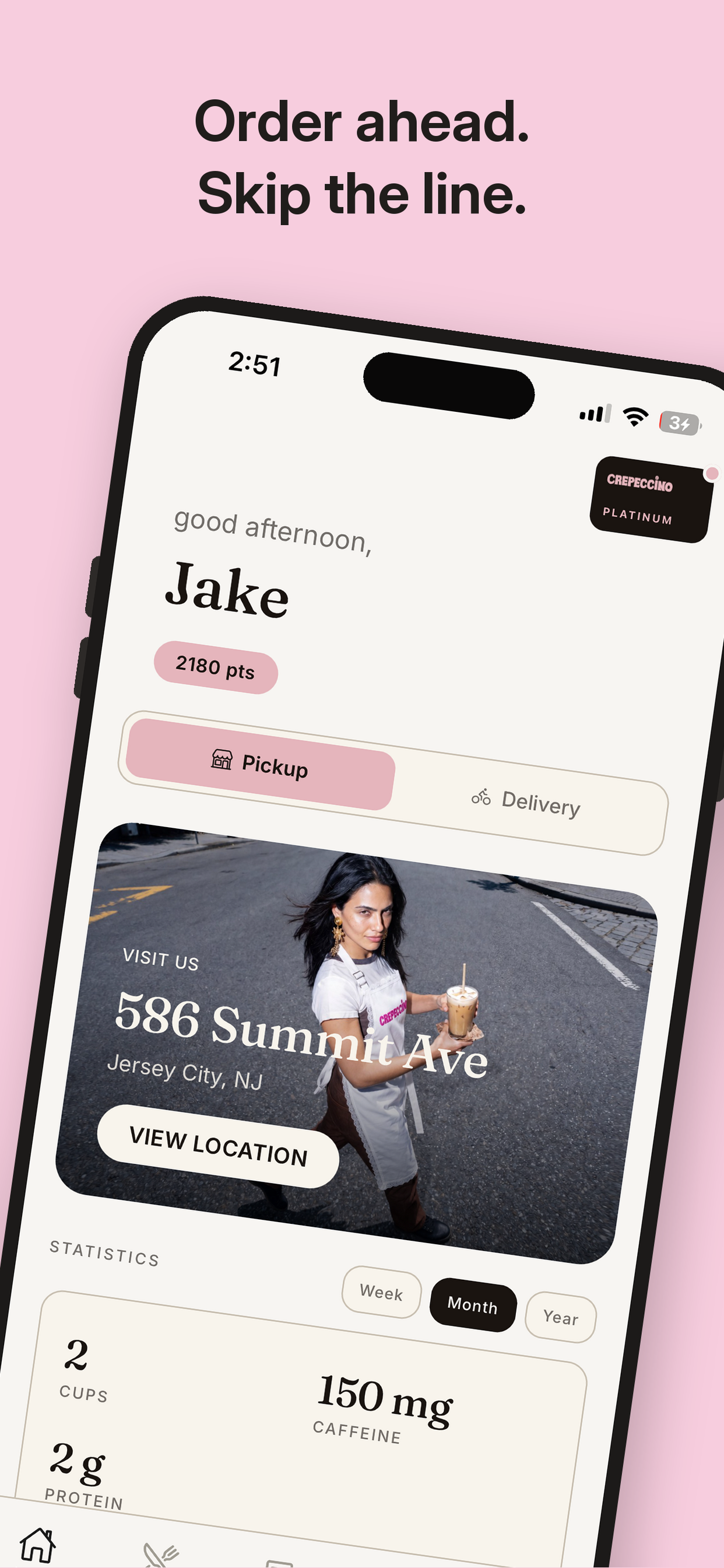 Order ahead and skip the line — Crepeccino app home screen